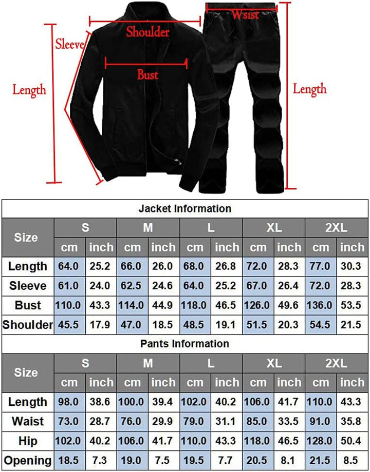 Größentabelle für schwarze Herrenjacke und Hose, Maße in cm und Zoll, Modebekleidung.