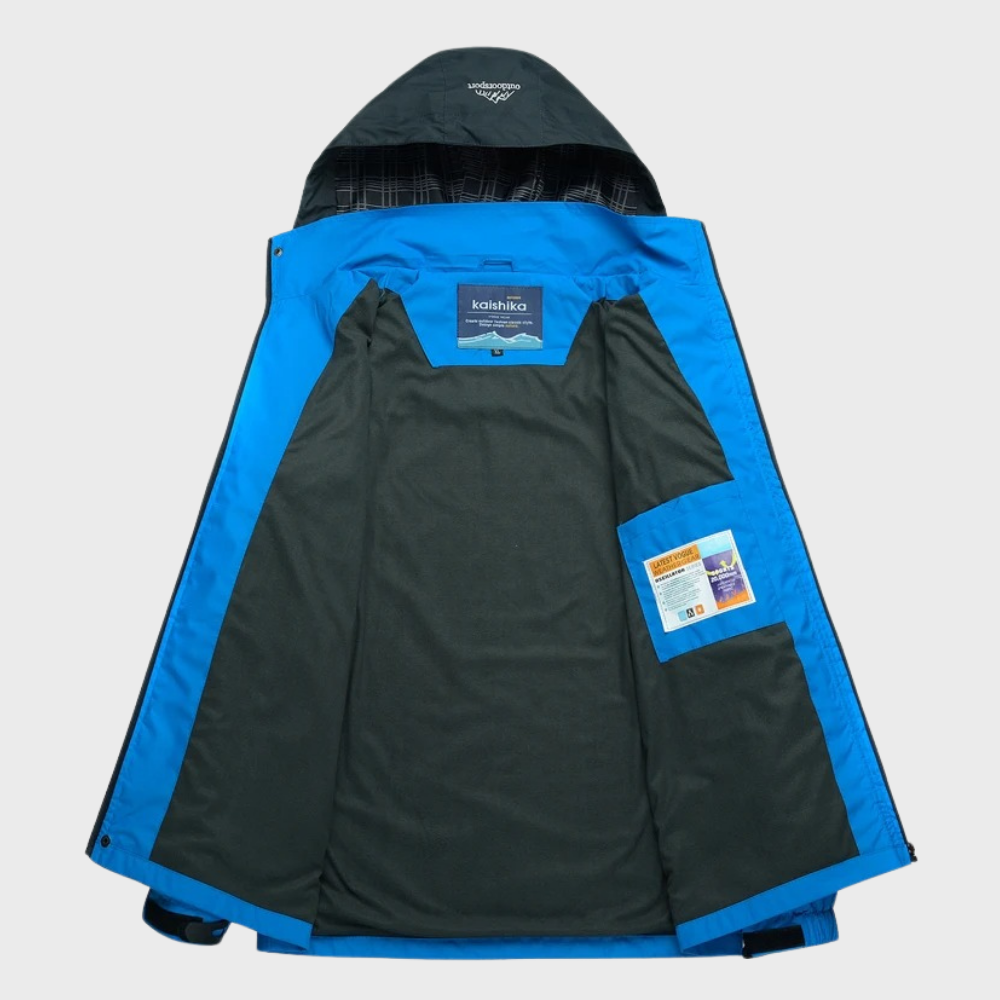 Blauer wasserdichter Outdoor-Jacke Innenansicht, Kapuze, atmungsaktives Material, Herrenmode.