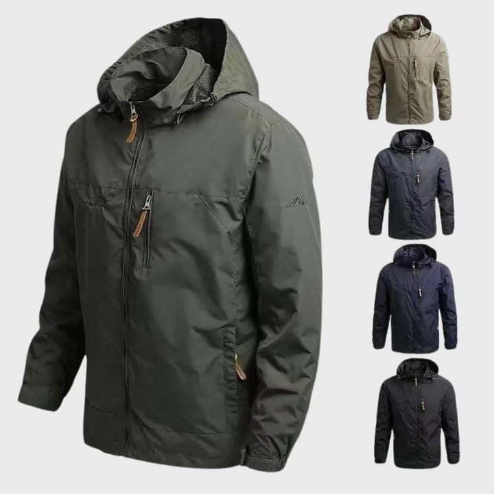 Mehrfarbige Herrenjacke mit Kapuze, Reißverschluss, wasserabweisend, Outdoor-Bekleidung.