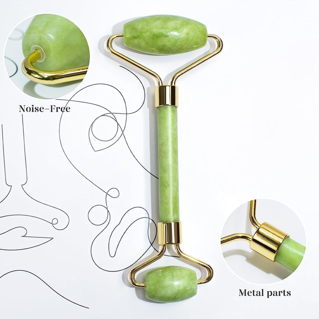 Jade-Gesichtsroller, grün, Metallteile, geräuschlos, Hautpflege, Massagegerät.