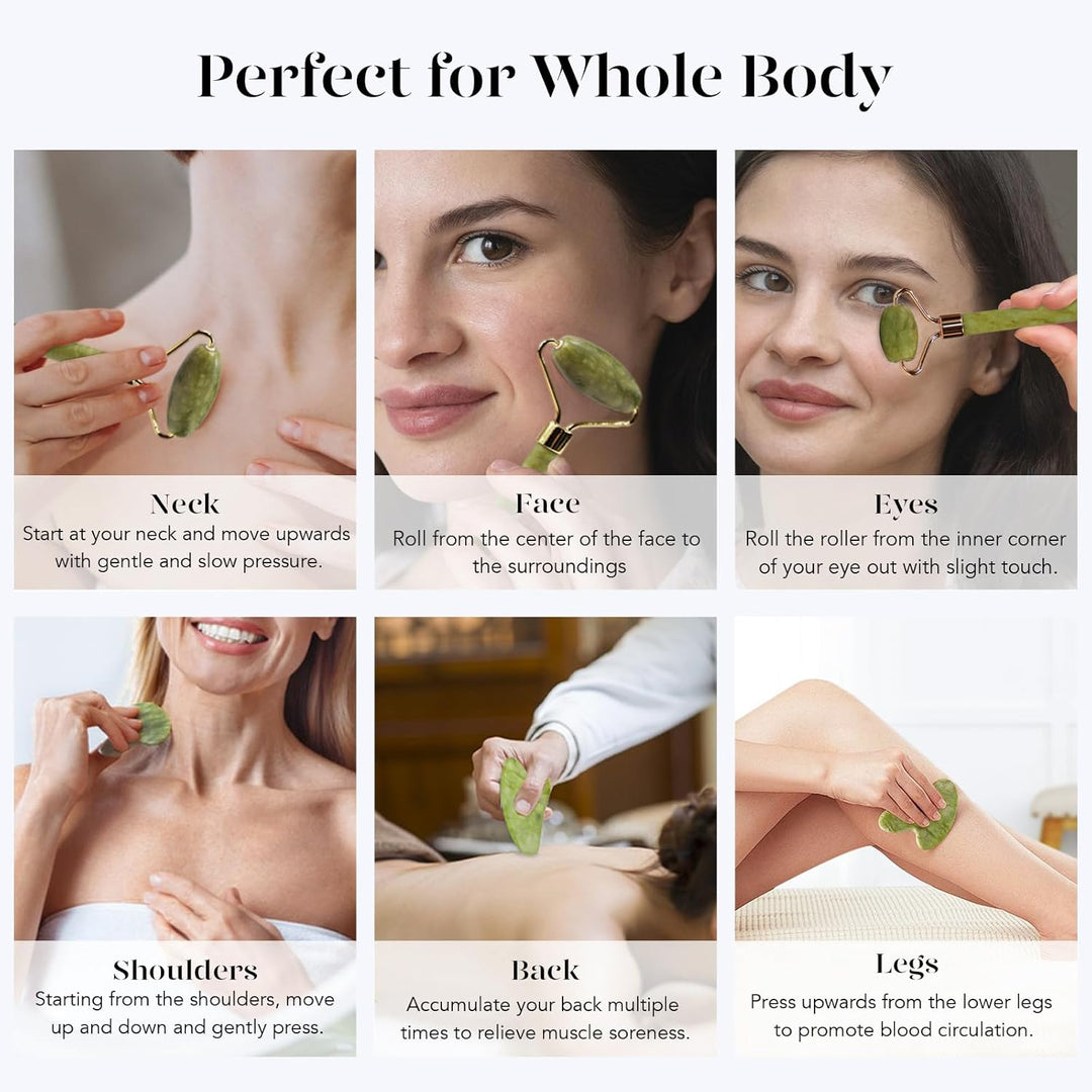 Jade-Roller Set für Gesichtsmassage, grün, Anti-Aging, Hautpflege, Wellness, Entspannung.