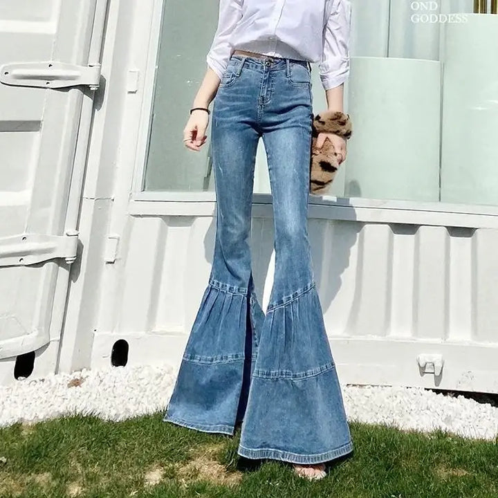 Damen-Jeans, blau, Bootcut, Baumwolle, Frühling, Herbst, modisch, Büro, 2023.