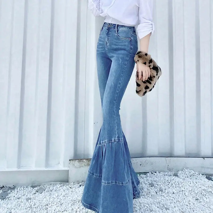Damen-Jeans 2023, blau, Bootcut, Baumwolle, modisch, Frühling, Herbst, Büro, koreanischer Stil.