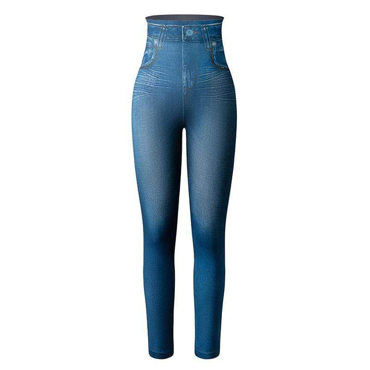 Blaue Slimming-Leggings mit Jeans-Effekt, hohe Taille, Damenmode, bequem.