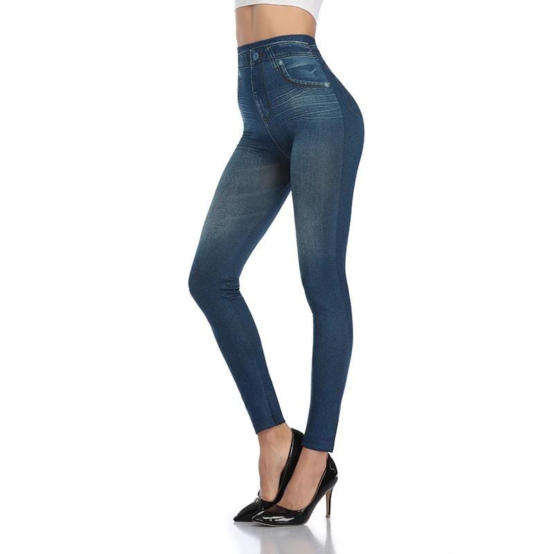 Damen Leggings Jeans-Optik, blau, figurformend, hohe Taille, elastisch, modisch.