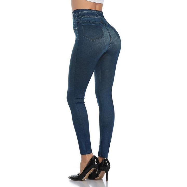 Damen Leggings Jeans-Optik, blau, figurformend, hoher Bund, elastisch, modisch.