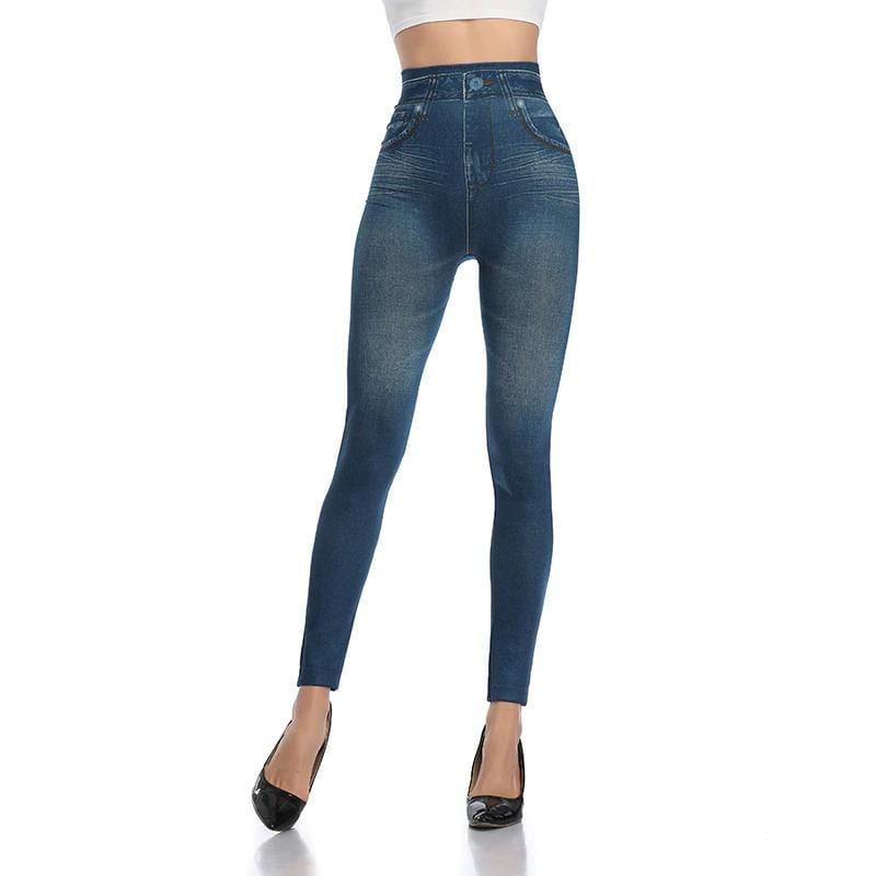 Damen Slim-Fit Jeggings, blau, Jeans-Optik, hohe Taille, figurbetont, modisch.