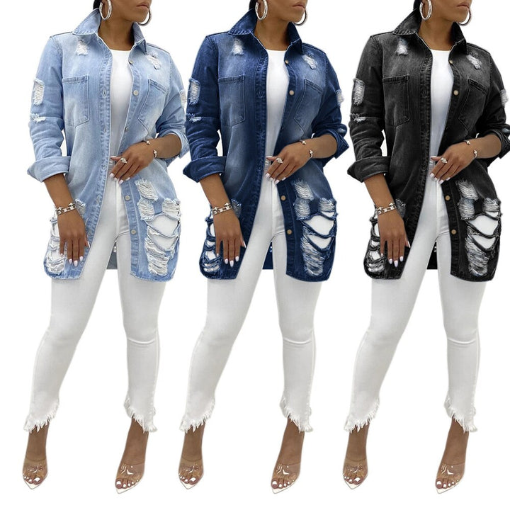 Damen Jeansjacke, zerrissen, lang, in Blau, Hellblau, Schwarz, modisch, lässig, Streetwear.