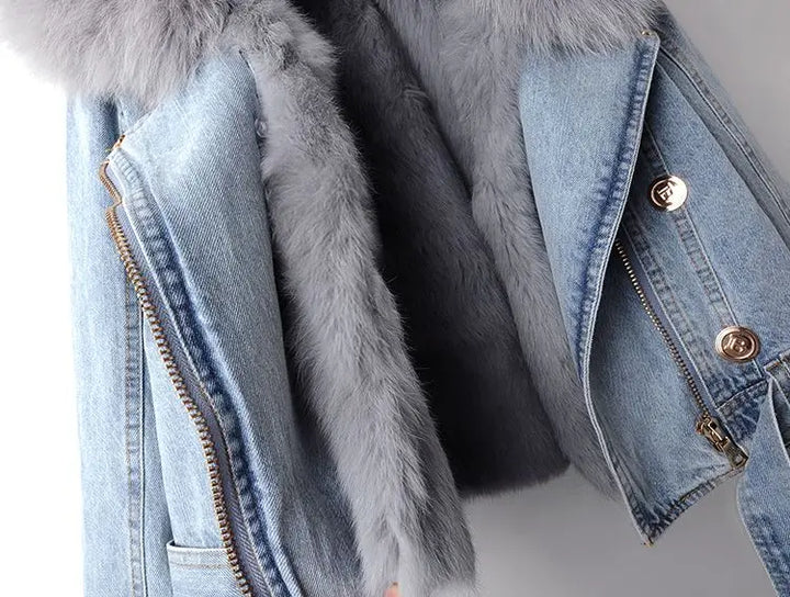 Damen Jeansjacke mit grauem Kunstfell, Reißverschluss, Knöpfe, modisch, warm, Winterjacke.