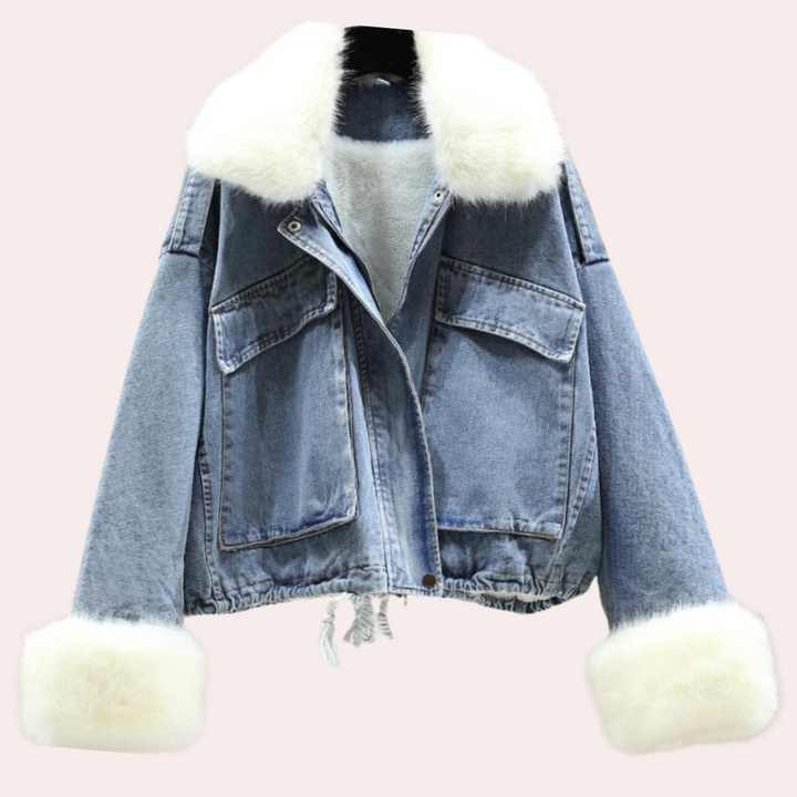 Damen Jeansjacke mit weißem Kunstfellkragen und -manschetten, modisch, blau.