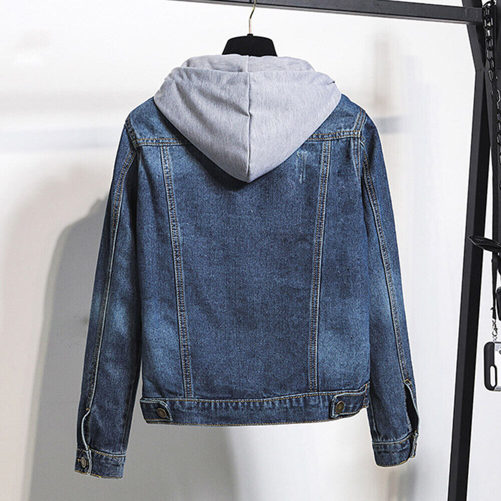 Damen Jeansjacke mit grauer Kapuze, blau, lässig, modisch, Denim, Herbstmode, Streetwear.