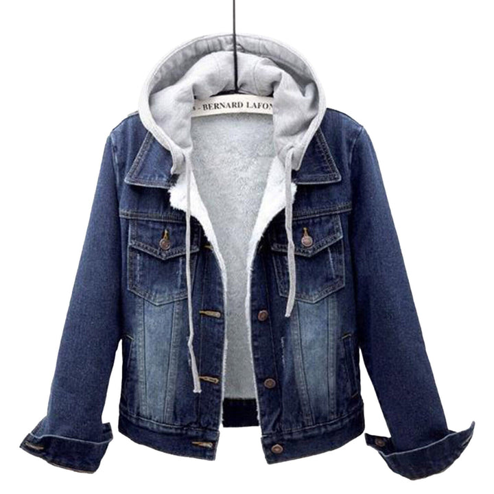 Dunkelblaue Jeansjacke mit Kapuzenfutter, Herrenmode, lässiger Stil, Baumwolle, Herbstbekleidung.