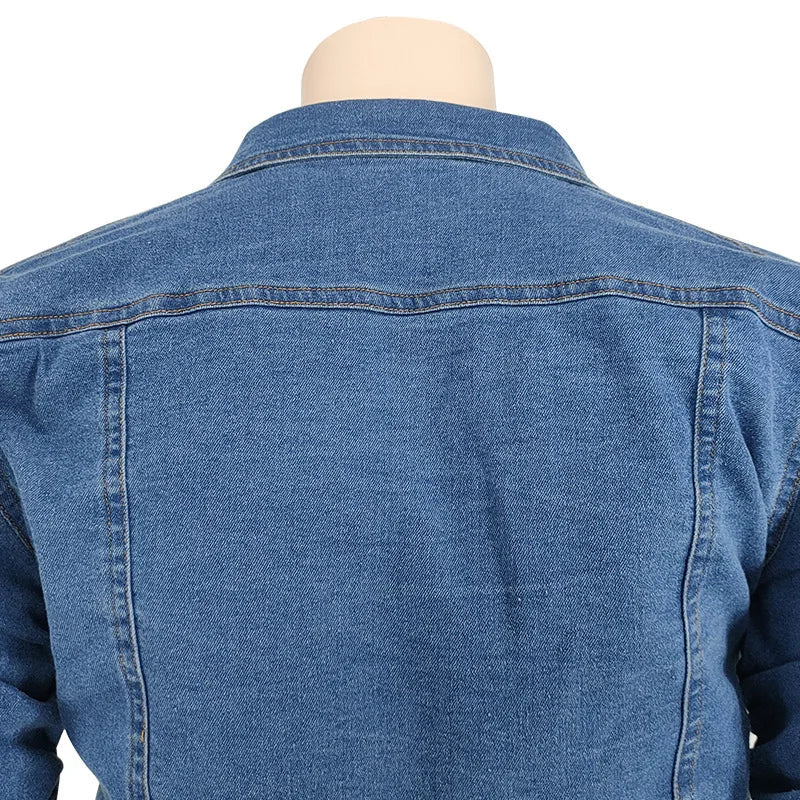 Blaue Jeansjacke Rückansicht, Denim, klassischer Stil, Freizeitmode, Unisex, robustes Material.