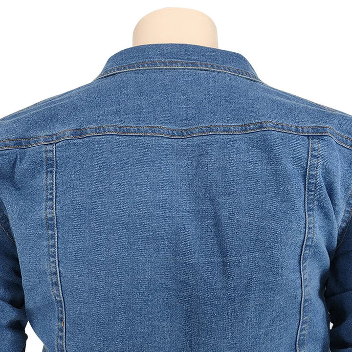 Blaue Jeansjacke Rückansicht, Denim, klassischer Stil, Freizeitmode, Unisex, robustes Material.