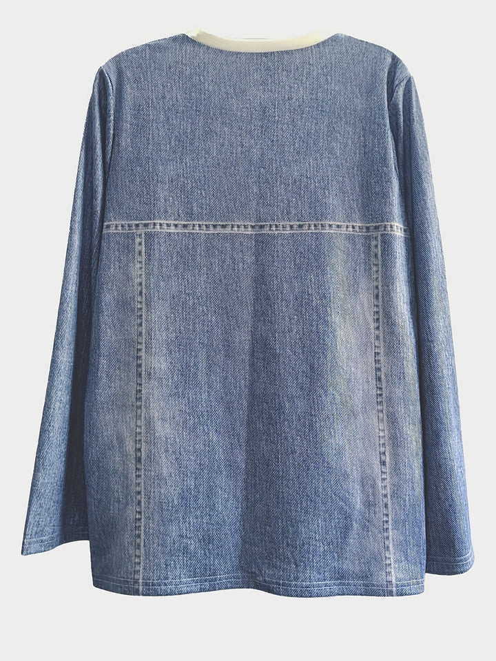Blauer Jeans-Pullover, langärmelig, aus Denim, lässiger Stil, Rückansicht.