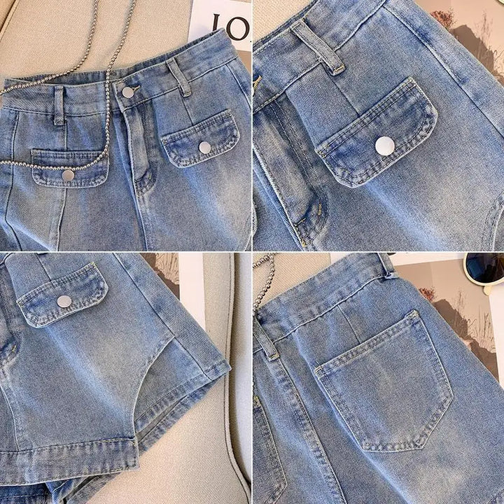 Damen Jeansshorts, hellblau, Taschen, Knopfverschluss, Sommermode, Freizeitkleidung.