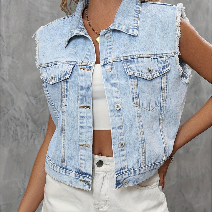 Damen Jeansweste, hellblau, ärmellos, Fransen, modisch, Freizeitkleidung, Denim-Look.