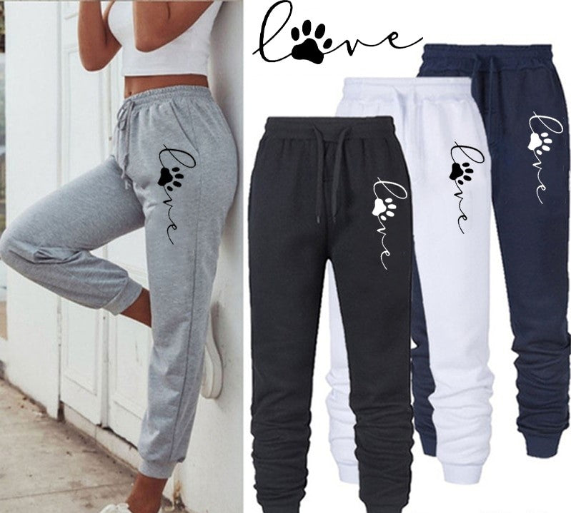 Damen Jogginghose mit Pfotenabdruck, grau, schwarz, weiß, Baumwolle, bequem, Sportmode.