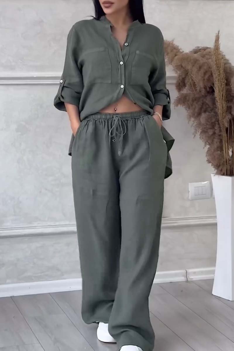 Trendy dámské oblečení z lnu, dvoudílná souprava s blůzou a volnými kalhotami – Lina