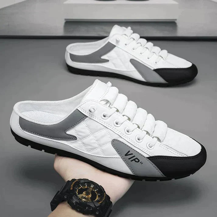 Weiße und graue Herren-Sneaker, rutschfest, sportlich, mit VIP-Logo, Freizeitschuhe.