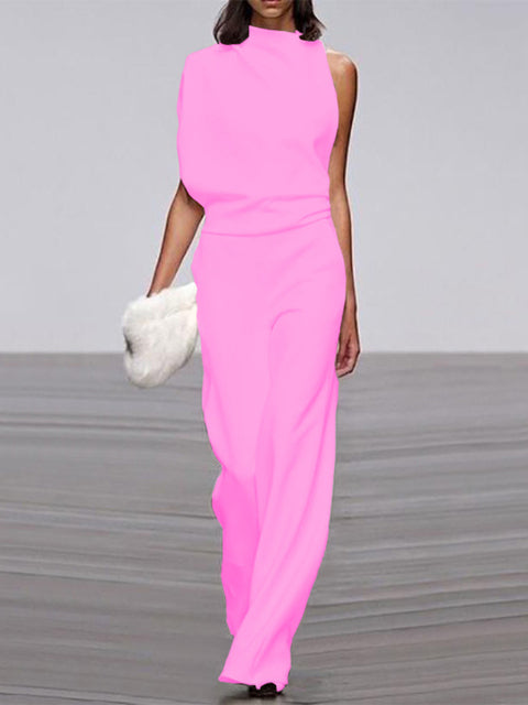 Damen Jumpsuit pink ärmellos, eleganter Sommer-Look, Büro-Mode, weiter Bein-Schnitt.