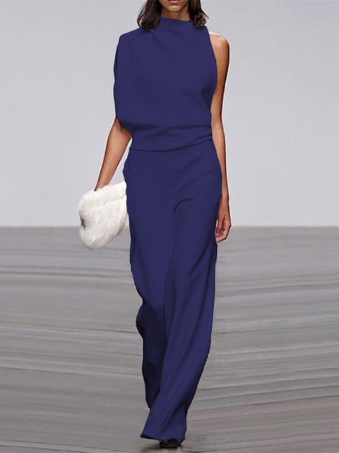 Damen Jumpsuit, ärmellos, dunkelblau, Rundhals, weite Beine, elegant, Sommermode.