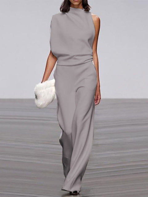 Grauer ärmelloser Damen-Jumpsuit, Rundhals, weite Beine, elegant, Sommermode.