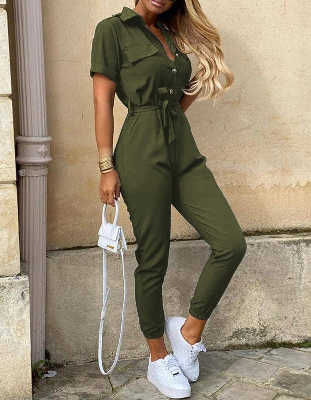 Damen Jumpsuit olivgrün, kurze Ärmel, Gürtel, modisch, bequem, Freizeitkleidung.