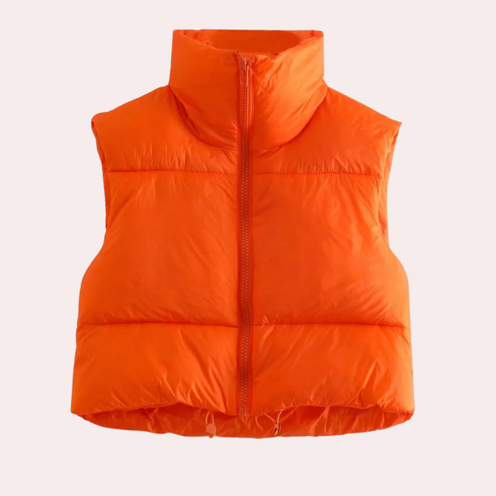 Orangefarbene Daunenweste, ärmellos, mit Reißverschluss, für Damen, modisch und warm.