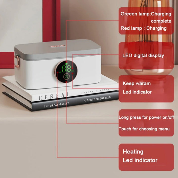 Kabellose elektrische Lunchbox, 16000mAh, USB, 1000ml, tragbar, isoliert, LED-Anzeige, grau.