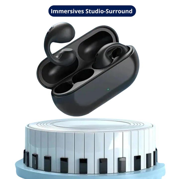 Schwarze kabellose In-Ear-Kopfhörer mit Ladeetui, immersiver Studio-Surround-Sound.