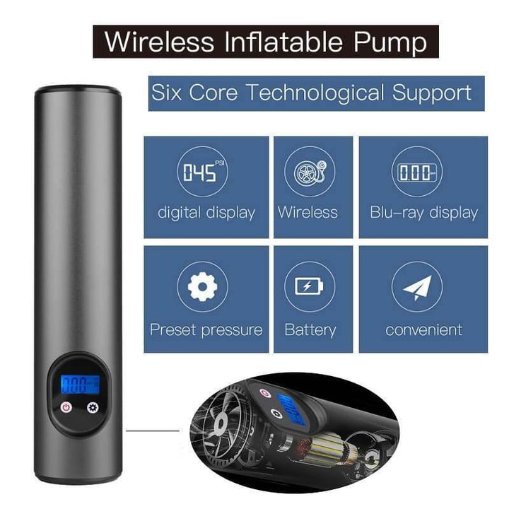 Kabellose elektrische Luftpumpe, digitaler Bildschirm, tragbar, schwarz, für Reifen und Bälle.