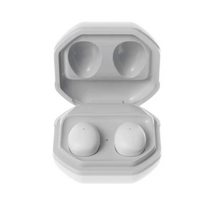 Weiße kabellose In-Ear-Kopfhörer im Ladecase, Bluetooth, modernes Design.