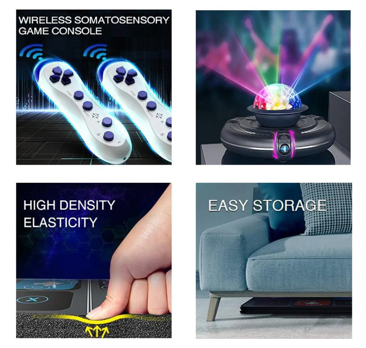 Kabellose Somatosensorik-Spielkonsole, weiß, mit blauen Tasten, LED-Lichteffekte, modernes Design.