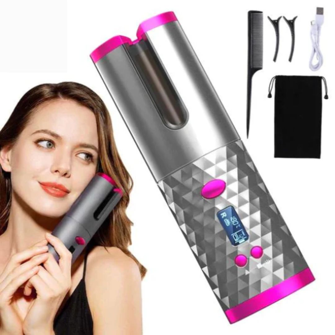 Kabelloser automatischer Lockenstab, silber-pink, mit Zubehör, LCD-Display, Haarstyling-Tool.