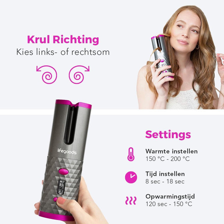 Kabelloser automatischer Lockenstab, grau-pink, einstellbare Temperatur, schnelles Aufheizen.