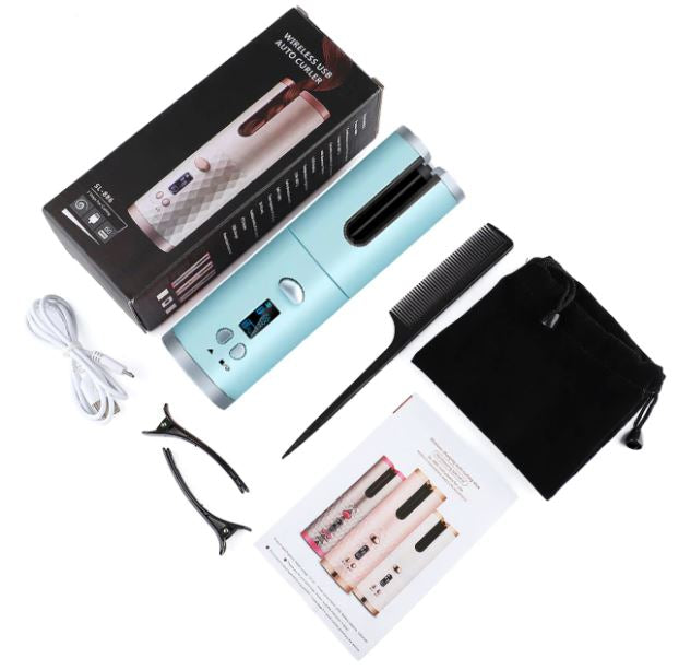 Kabelloser blauer Lockenstab mit Zubehör, USB-Ladekabel, Kamm, Clips und Anleitung.