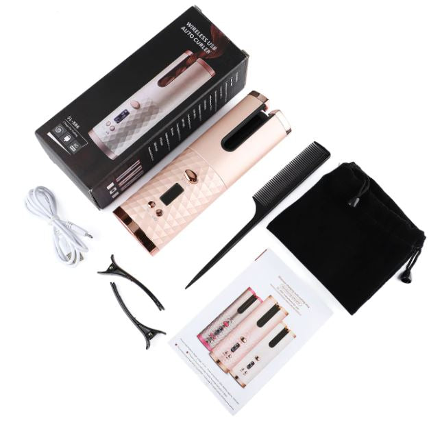 Kabelloser automatischer Lockenstab, rosa, mit Zubehör, USB-Ladekabel, Kamm, Haarklammern.