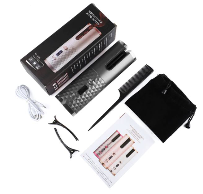Kabelloser automatischer Lockenstab, schwarz, mit Zubehör, Verpackung und Anleitung.
