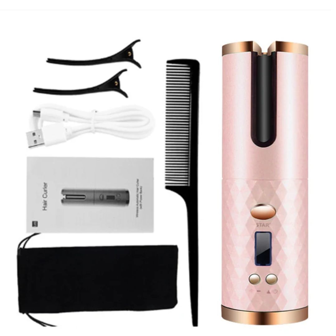Rosa kabelloser Lockenstab Set mit Kamm, USB-Kabel, Haarklammern und Tasche.