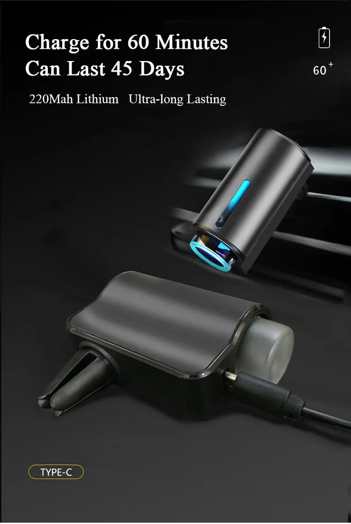 Schwarzer USB-Luftreiniger, 220mAh Lithium, langlebig, Typ-C, kompakt, modernes Design.