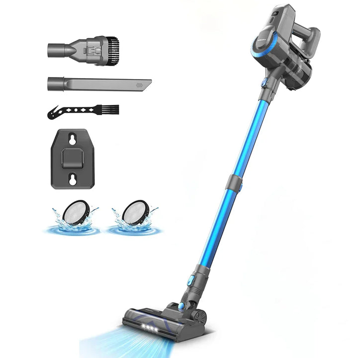 Kabelloser Staubsauger mit Zubehör, blau, leicht, für Teppiche und Hartböden, effizient reinigen.