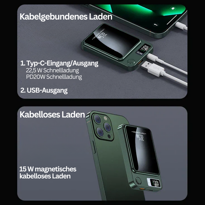 Grüne Powerbank mit kabellosem Laden, Typ-C und USB-Anschlüssen, 15W magnetisch, Schnellladung.