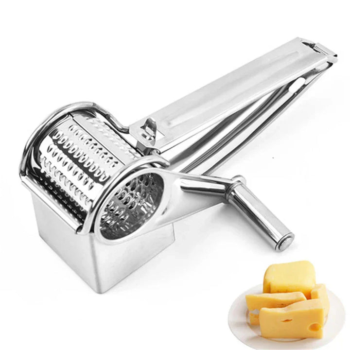 Manuelle Edelstahl-Käsereibe mit Kurbel, ideal für Hartkäse, langlebig und rostfrei.
