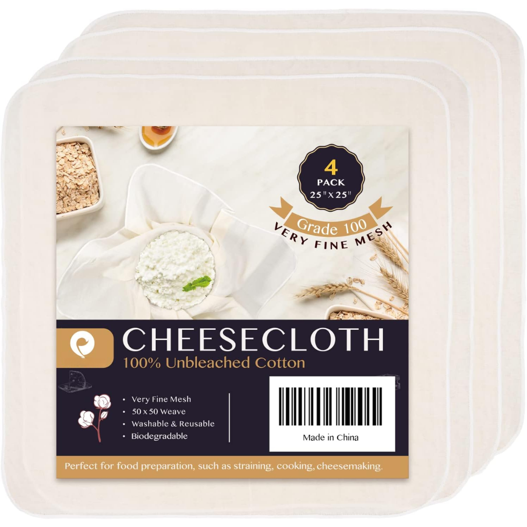 4er-Pack Käsetuch, 100% ungebleichte Baumwolle, 25"x25", feinmaschig, waschbar, biologisch abbaubar.