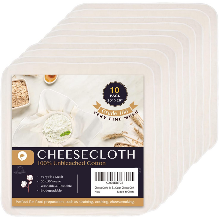 10er-Pack Käsetuch, 100% ungebleichte Baumwolle, 20"x20", feinmaschig, waschbar, biologisch abbaubar.