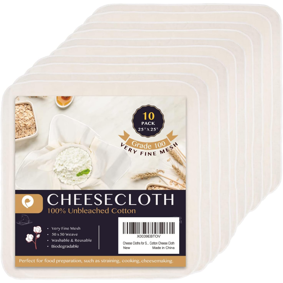 10er-Pack Käsetuch, 100% ungebleichte Baumwolle, 25"x25", feinmaschig, waschbar, biologisch abbaubar.