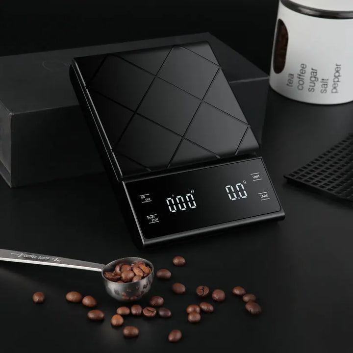 Digitale Küchenwaage mit Timer, schwarz, max. 5kg, Genauigkeit 0,1g, ideal für Kaffee.