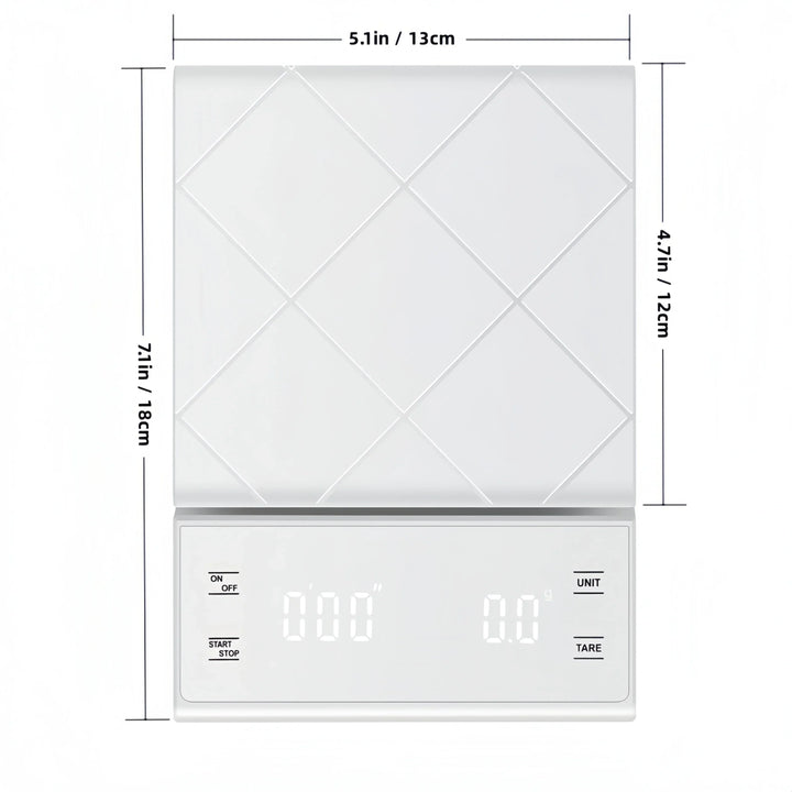 Digitale Küchenwaage mit Timer, weiß, max. 5kg, Genauigkeit 0,1g, ideal für Kaffee und Lebensmittel.