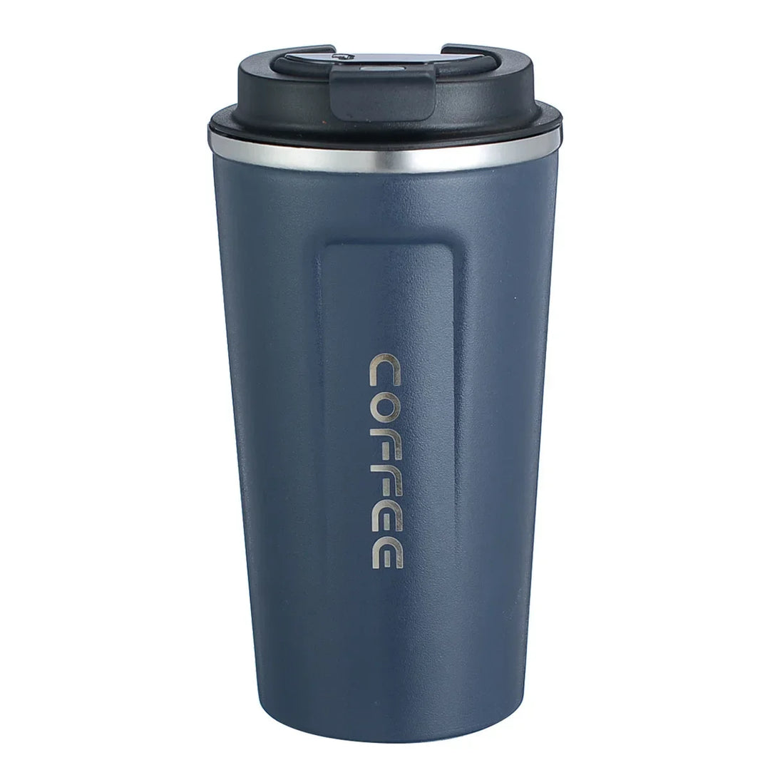 Blauer Thermobecher aus Edelstahl mit Deckel, ideal für Kaffee unterwegs, isoliert, 350ml.